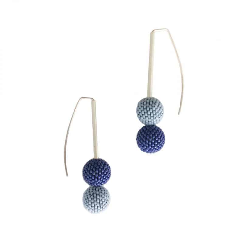 double blue handmade beaded ball earrings