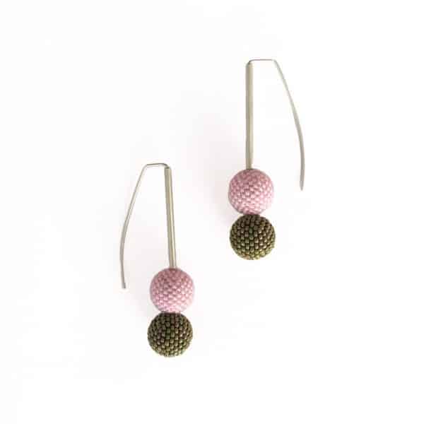 pink and green beaded ball earrings