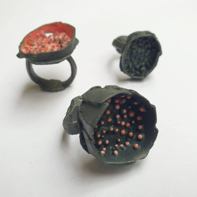 textured oxidised silver and enamel rings